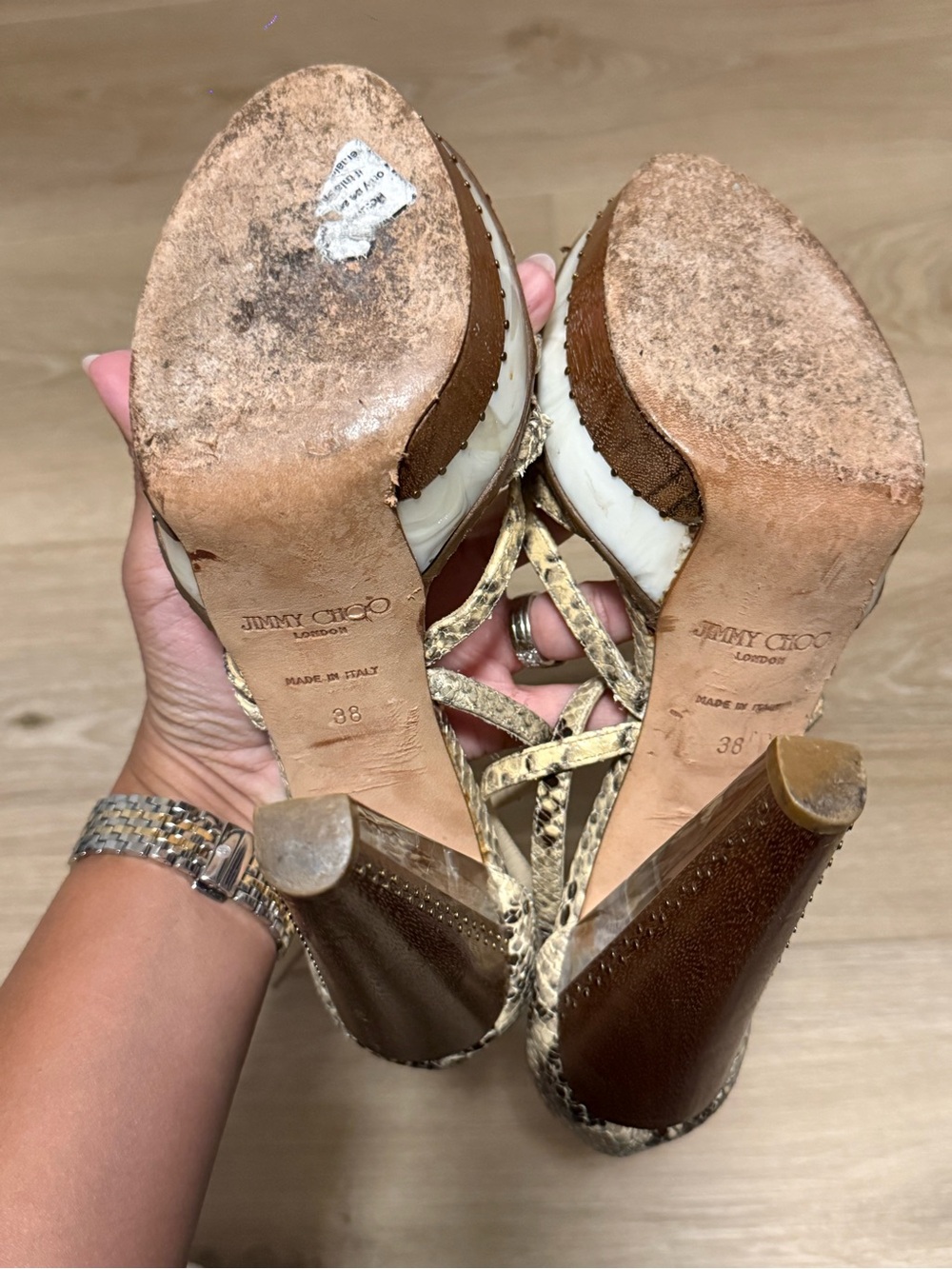 Jimmy Choo Snake-Print Strappy Platform Sandals in Beige and Brown - Picture 4 of 4